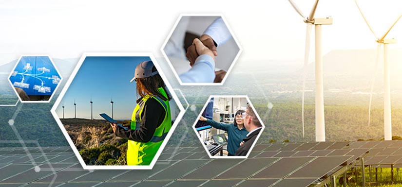 Renewable energy types, including wind turbines and solar panels, overlaid with images of people shaking hands and looking at computers.