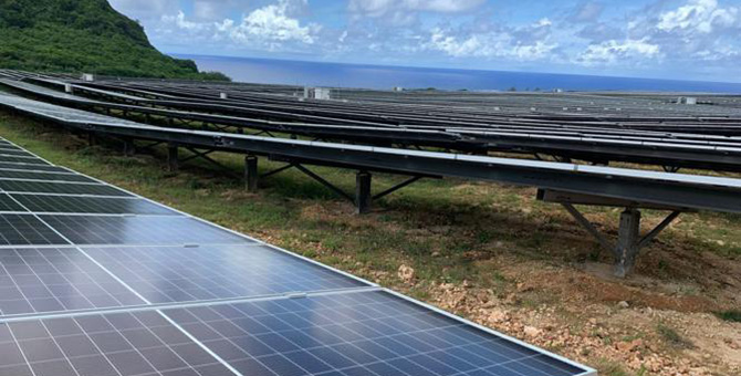 Solar panel arrays on a shoreline
