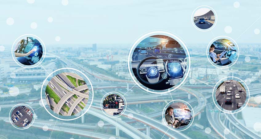 Image of multiple roadways overlaid with depictions of autonomous vehicles, parked cars, traffic light, and highway traffic.
