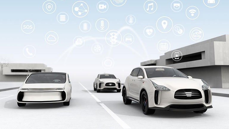 Illustration of vehicles with lines showing information transfer