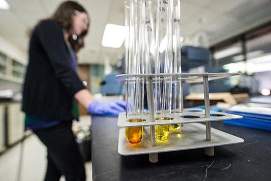 A woman stands beside a lab bench with test tubes containing bright liquids.