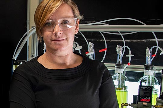 A scientist stands in the lab containing an algae cultivator.