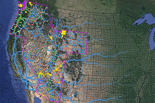 A map of the Western United States with colorful lines and dots showing roads and potential EV charging station locations.