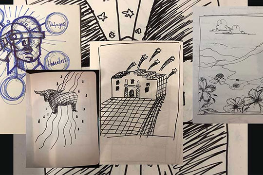 Sketches of a robotic-looking person, a steer, a building with stars above it, and a rural landscape set in a mountain range with flowers in the foreground.