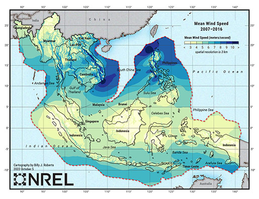 Map of Southeast Asia showing Mean Wind Speed from 2007-2018