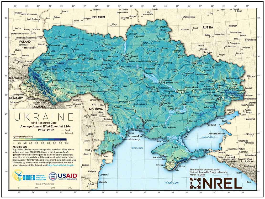 Map of Ukraine showing the average annual wind speed for the country from 2000-2022.