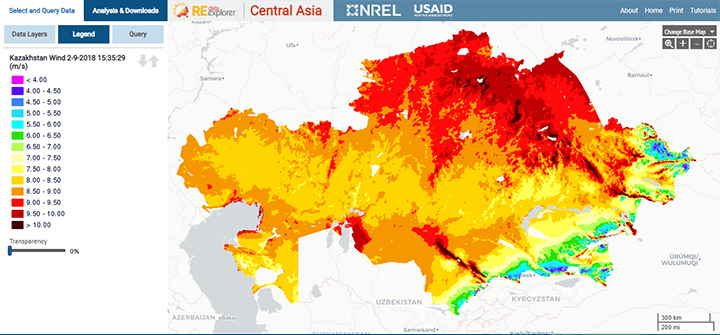 Map of Kazakhstan showing areas with wind technology potential.