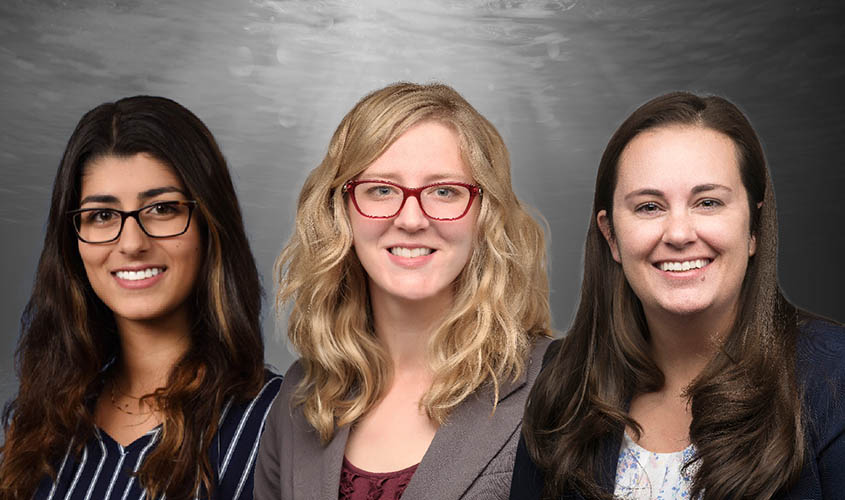 Three women overlain on a black-and-white photo of underwater.