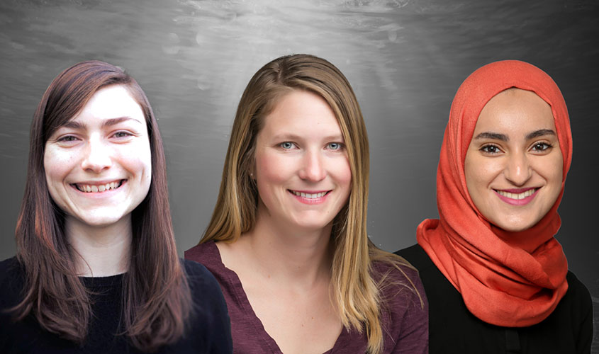 Three women overlain on a black-and-white photo of underwater.