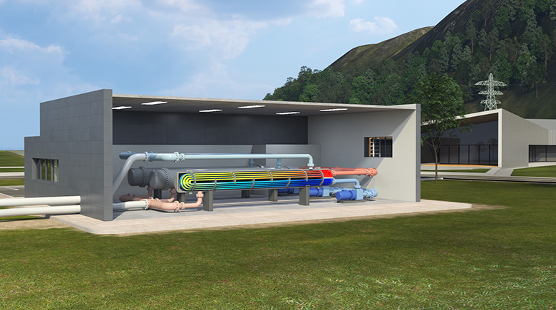 An illustration of a cooling concourse station with exposed pipes.