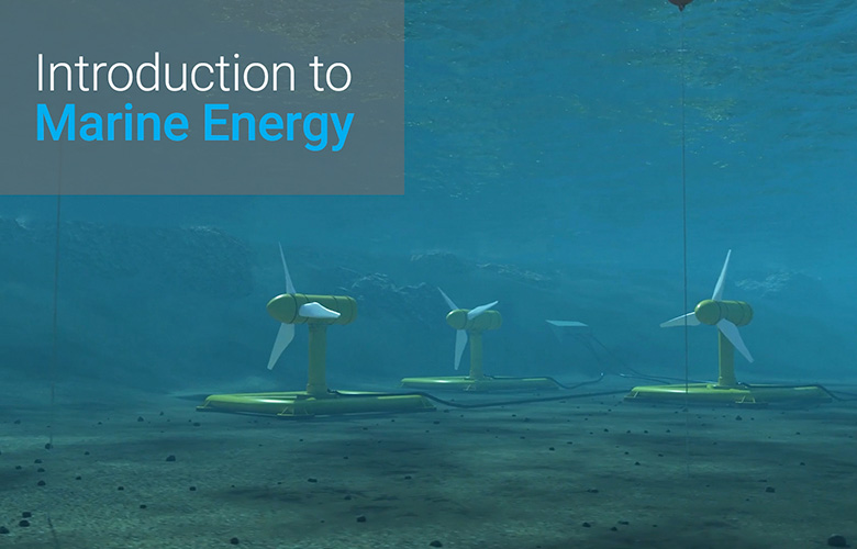A graphic of tidal turbines on the seafloor overlain with the text "Introduction of Marine Energy"