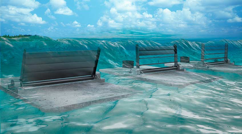 Fixed-bottom variable-geometry oscillating surge wave energy converter array.