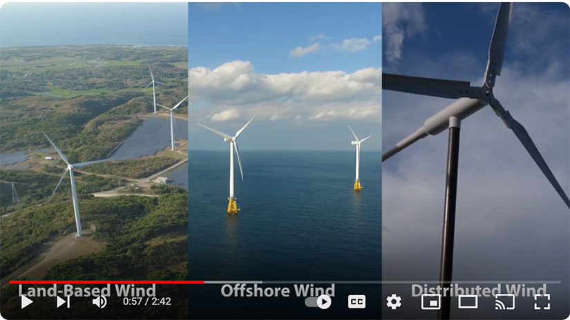 A composite image of the three types of wind energy showing wind turbines used in land-based, offshore, and distributed wind applications.