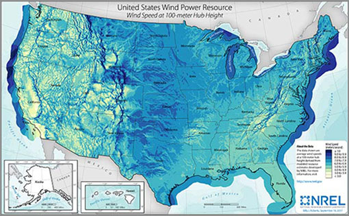 map of the U.S. with color gradient illustrating average windspeed