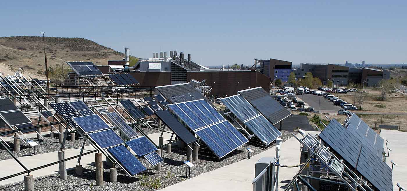 Photo of PV arrays in the test bed of the Outdoor Test Facility on NREL's campus.